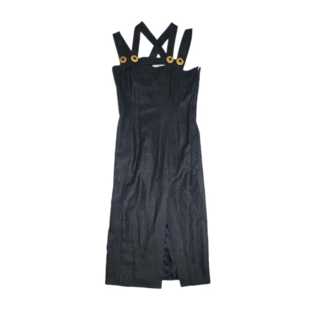 Santa Fe By Jim Tremslay Black Linen Maxi Dress w Gold Size 12 Vintage